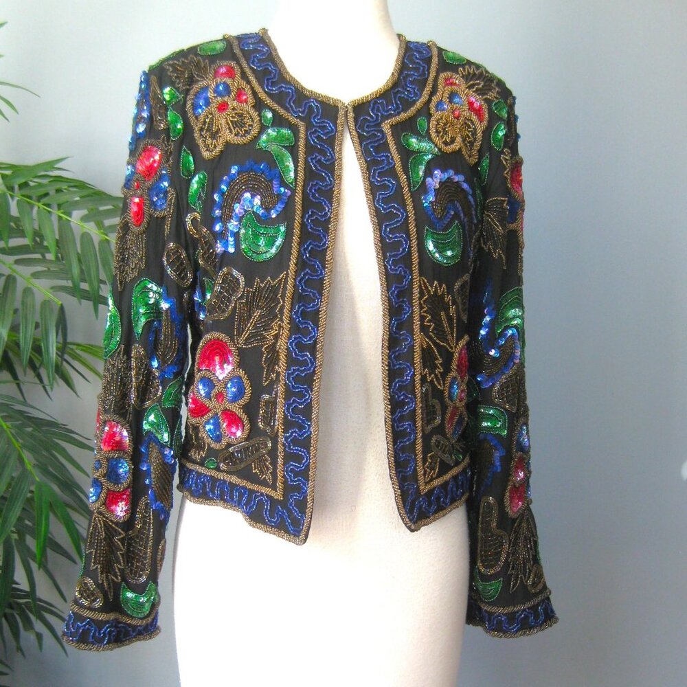 Sequined Jacket / Vtg 90s / Lisiano Black and Jewel Tone sequined cropped Jacket